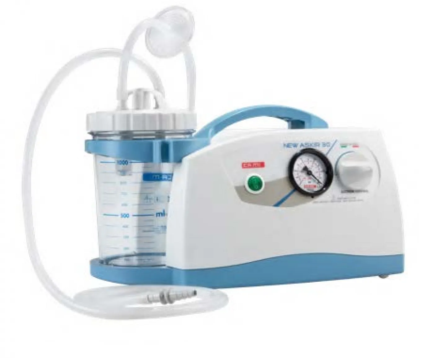 Aspirateur trachéal CA-MI blanc et bleu avec bocal gradué, tubulure et manomètre