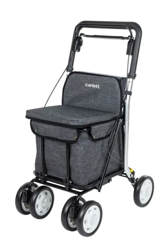Rollator-caddy de courses Carlett LETT800 gris avec assise et grand sac, vue de trois quarts