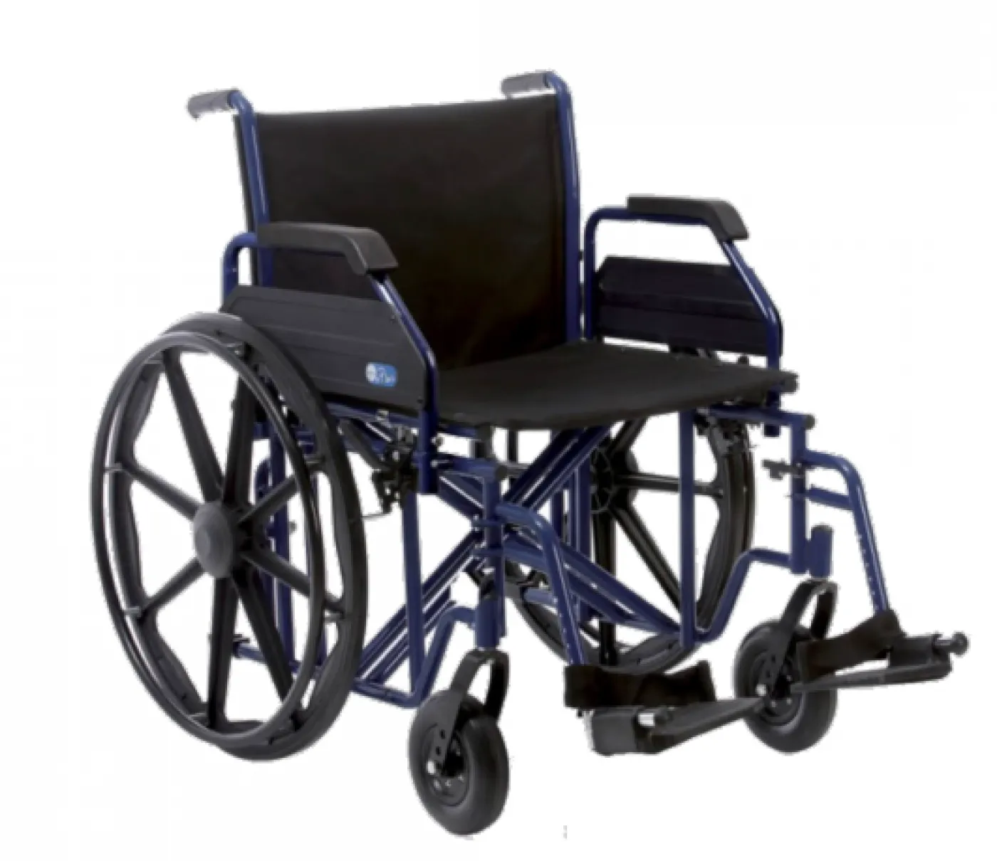 Fauteuil roulant XXL 200 kg bleu avec grandes roues arrière et repose-pieds, vue de trois quarts