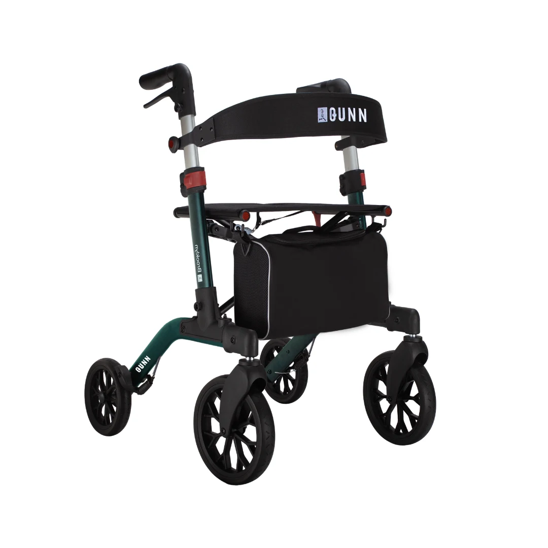 Rollator Qunn Brooklyn à roues souples en PU, vert foncé avec sac et dossier