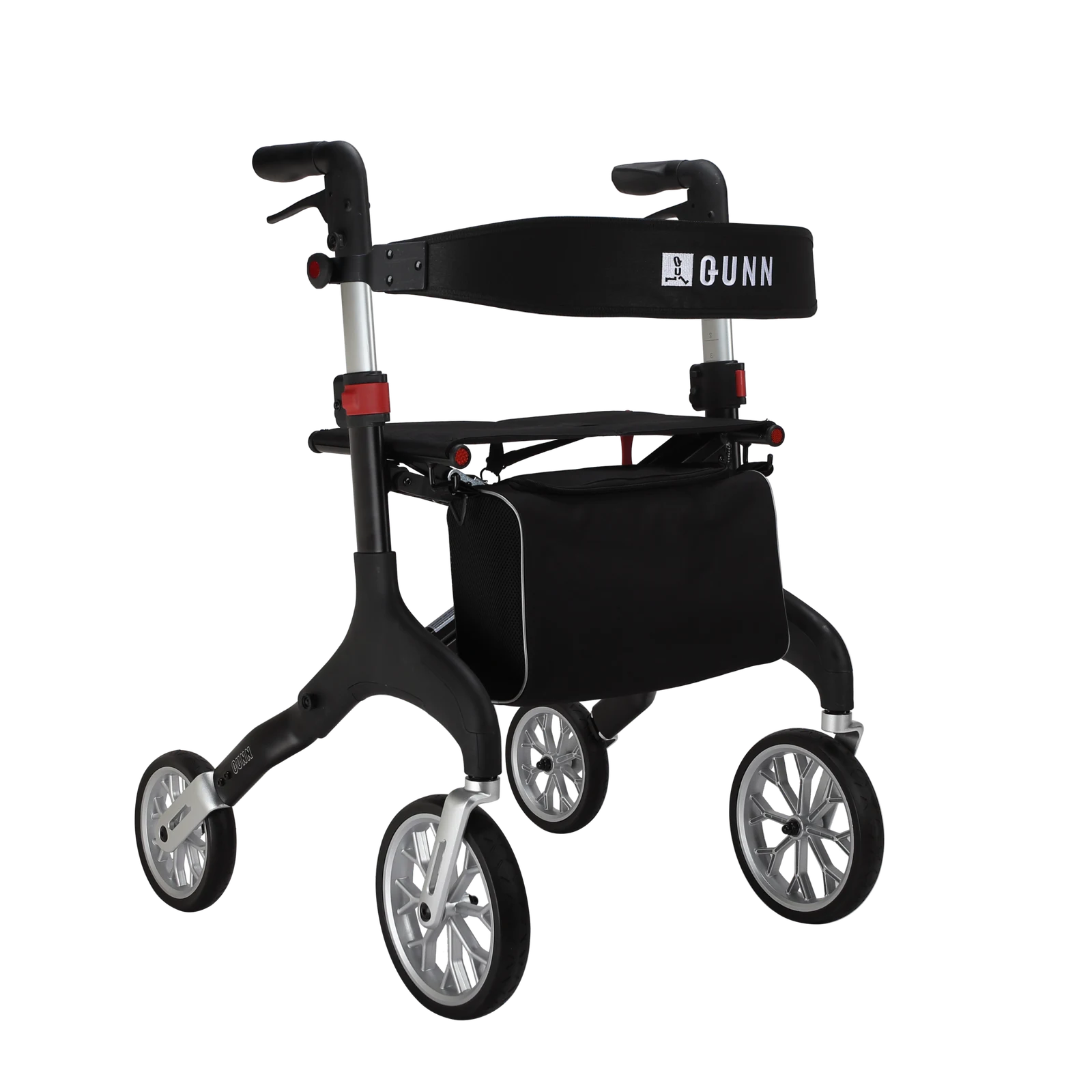 Rollator compact Qunn Manhattan noir avec sac et dossier, vue de trois quarts