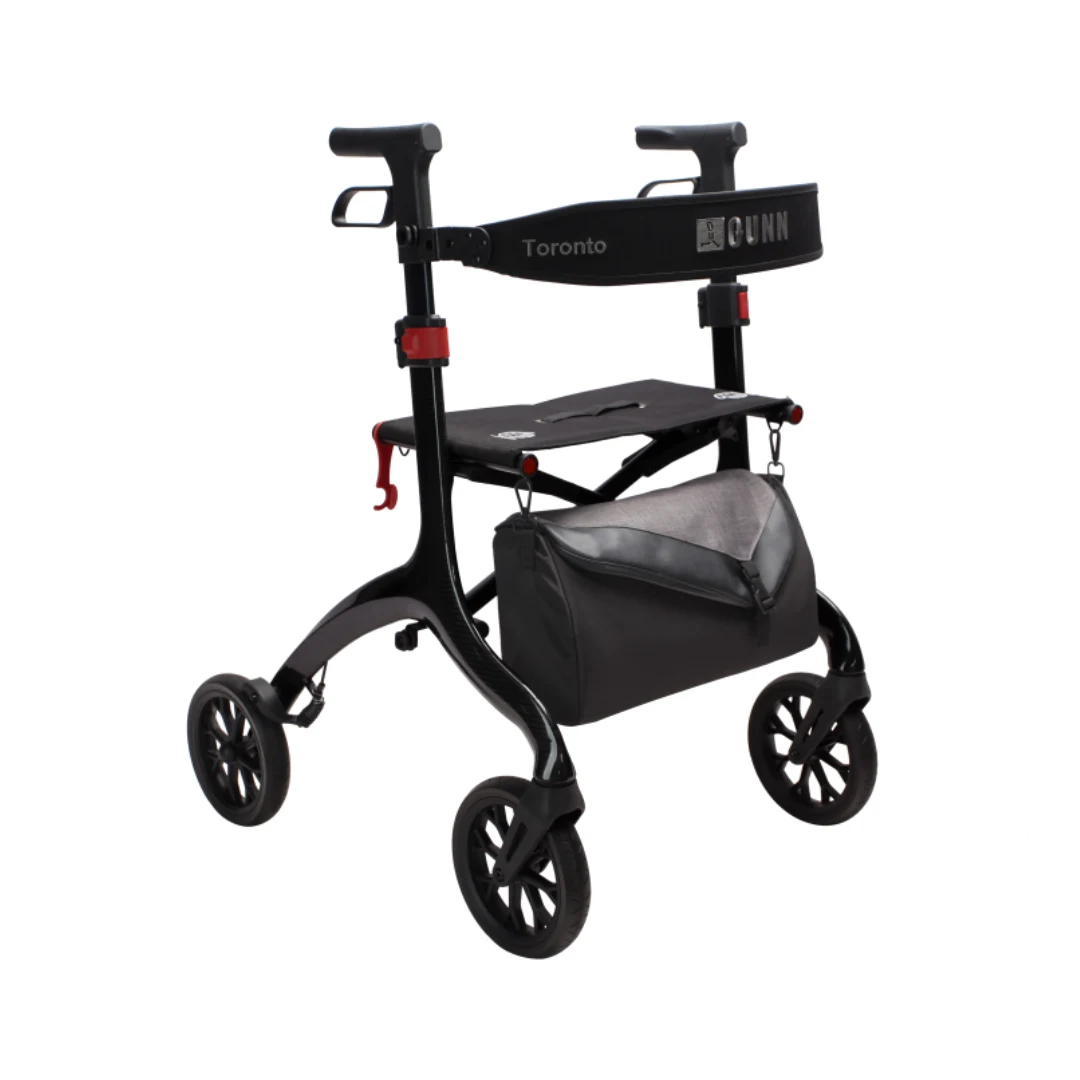 Rollator compact Qunn Toronto Carbon noir avec sac et dossier, vue de trois quarts