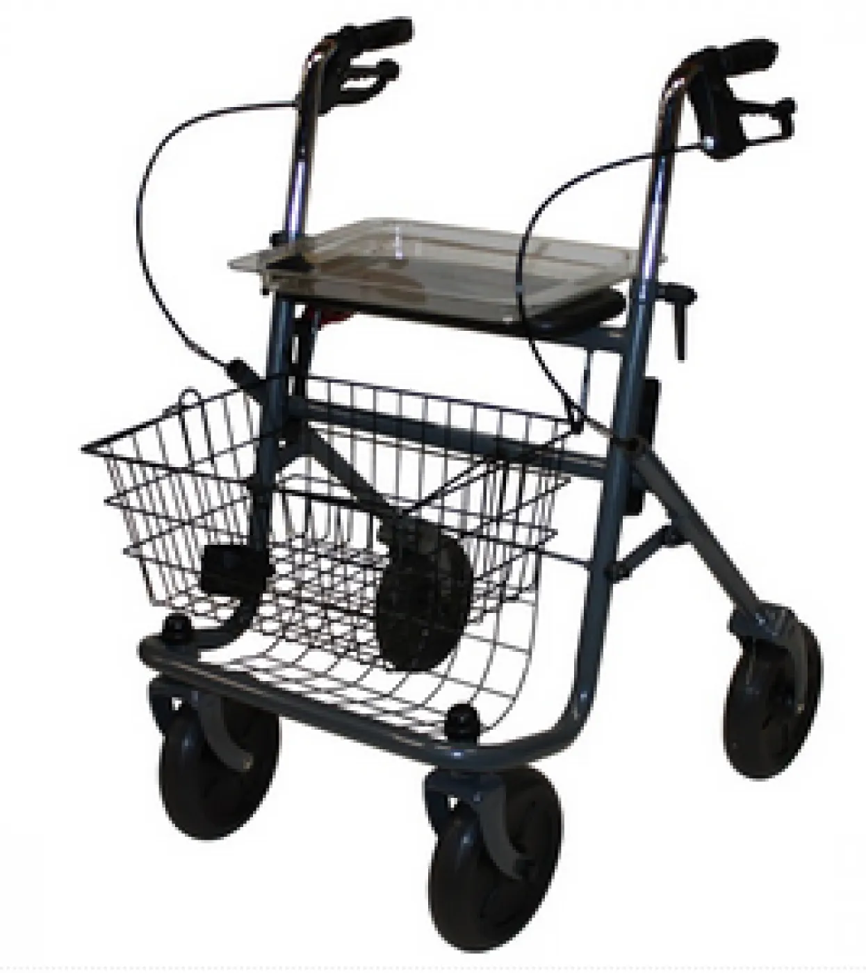 Rollator Vitadomia TA3903 à quatre roues, vue de trois quarts avec panier, tablette et poignées de frein