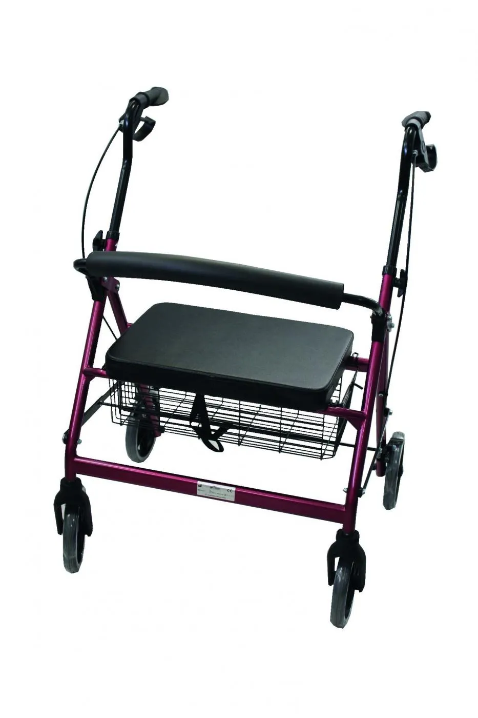 Rollator HMS-VILGO Fortissimo TA3942, vue de trois quarts avec quatre roues, siège, appui-dos et panier