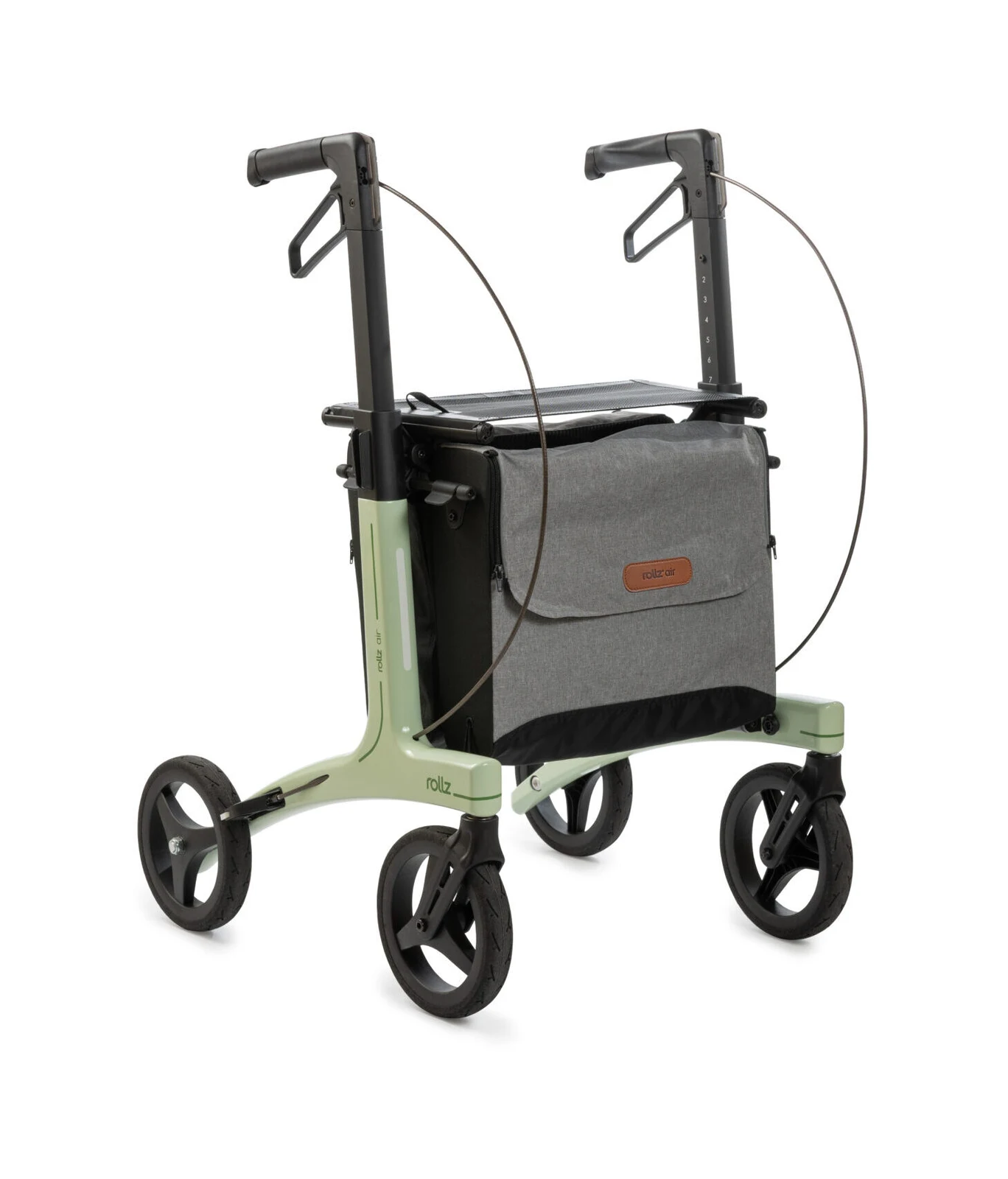 Rollator ultraléger Rollz Air Regular vert menthe avec deux sacs, vue de trois quarts