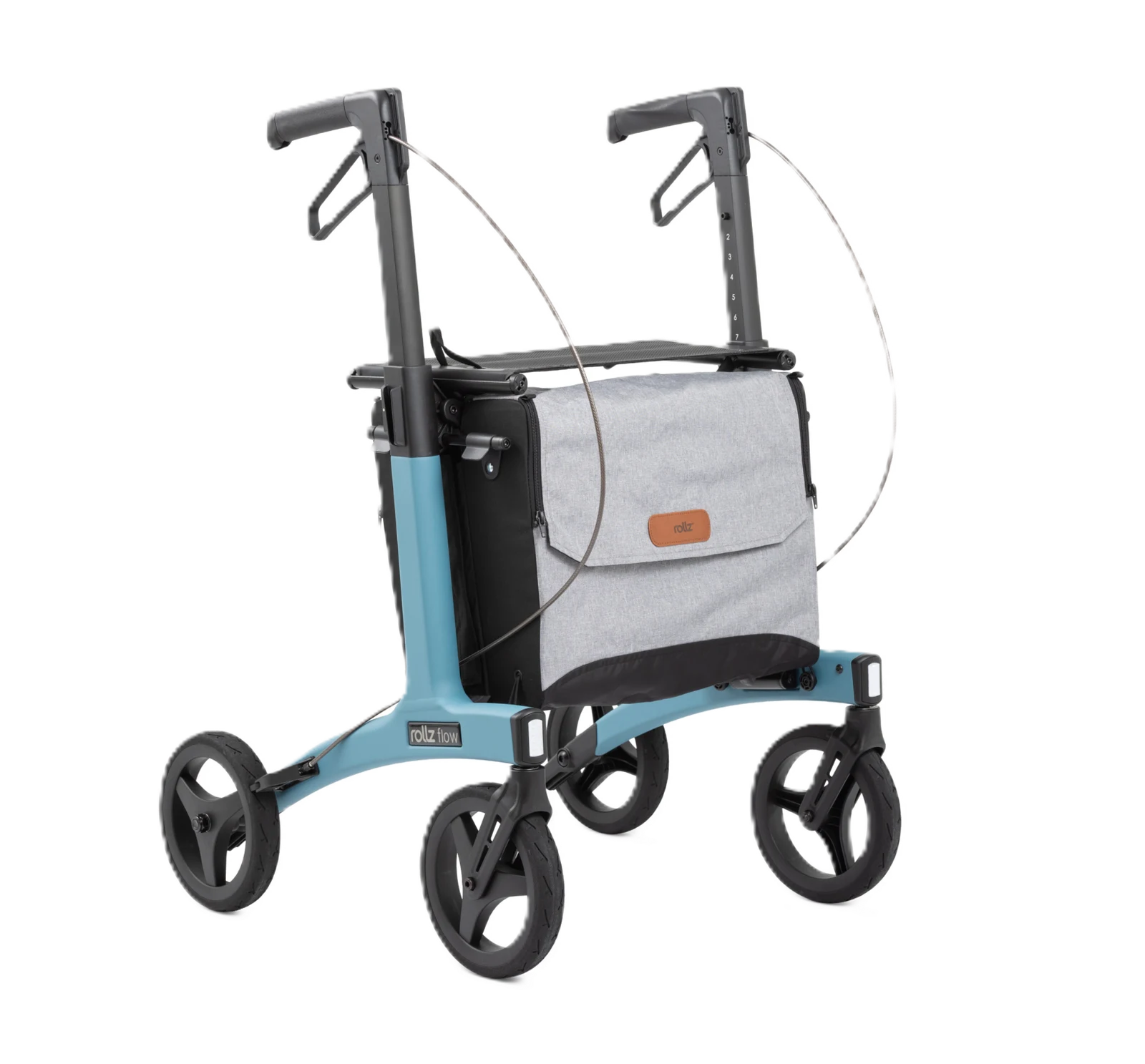 Rollator léger Rollz Flow Regular bleu océan avec deux sacs, vue de trois quarts