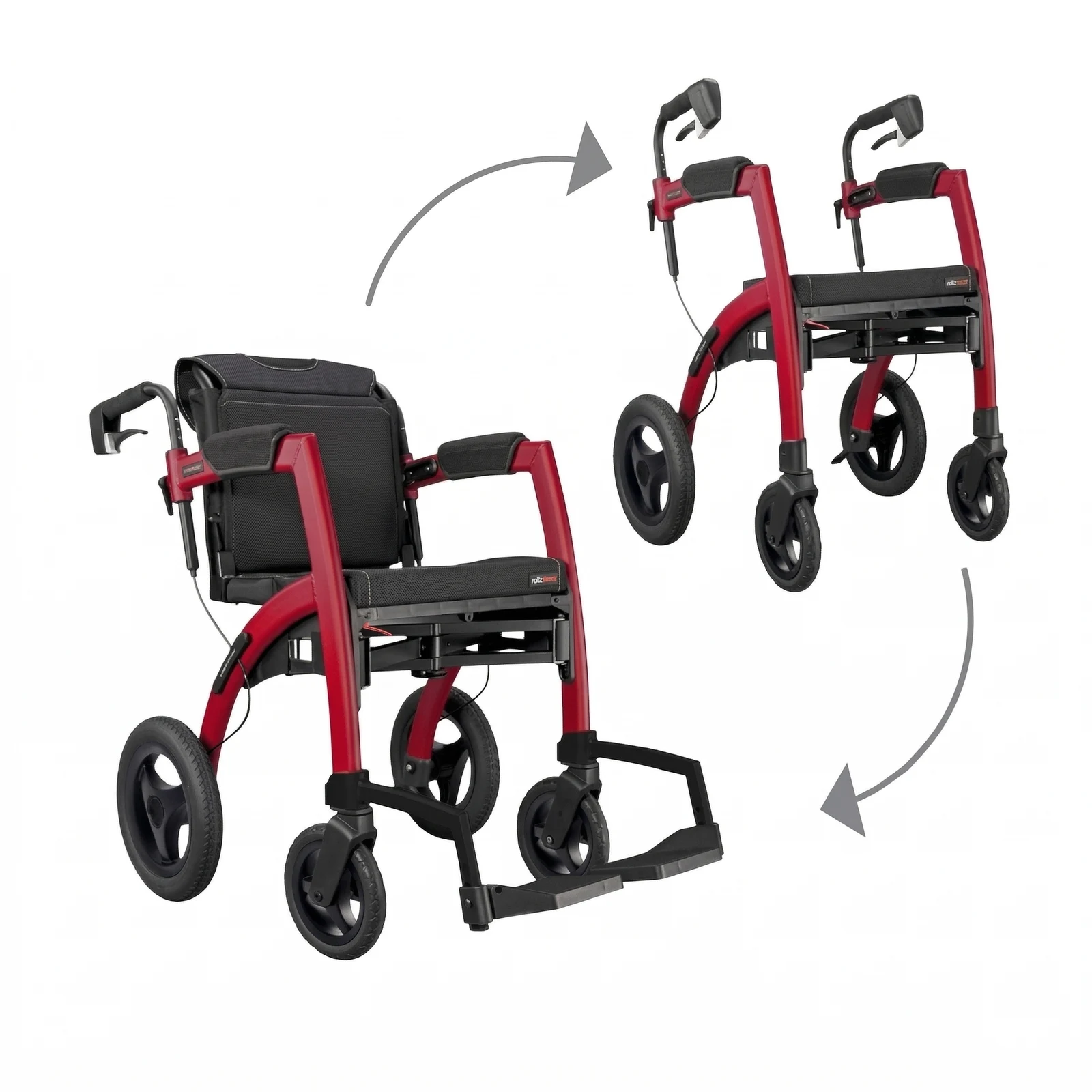 Rollz Motion Performance Ruby Red montrant la transformation du rollator en fauteuil roulant de transport