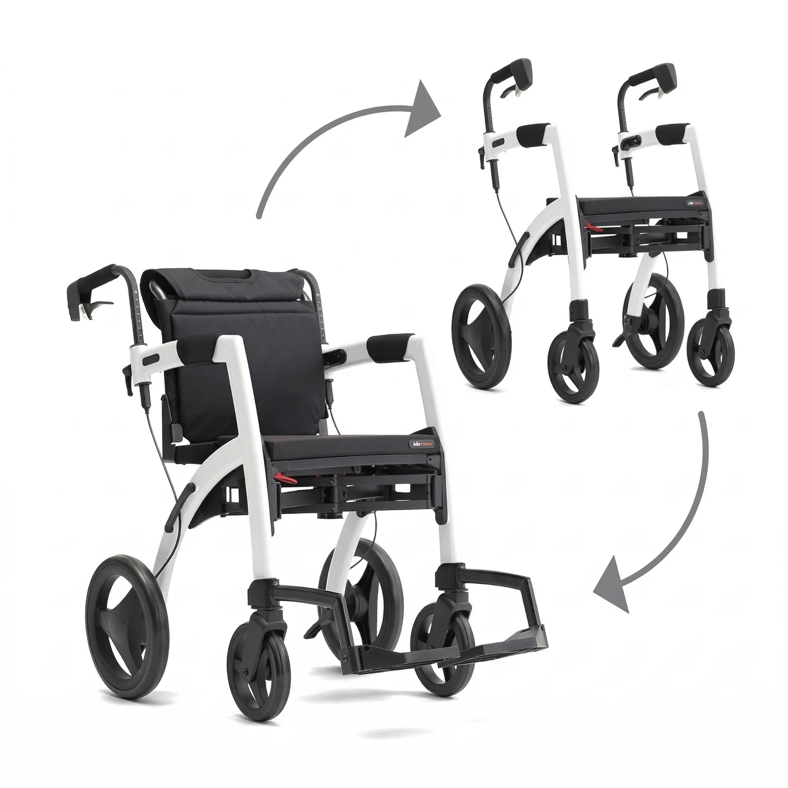 Rollz Motion blanc présenté en modes rollator et fauteuil roulant de transport