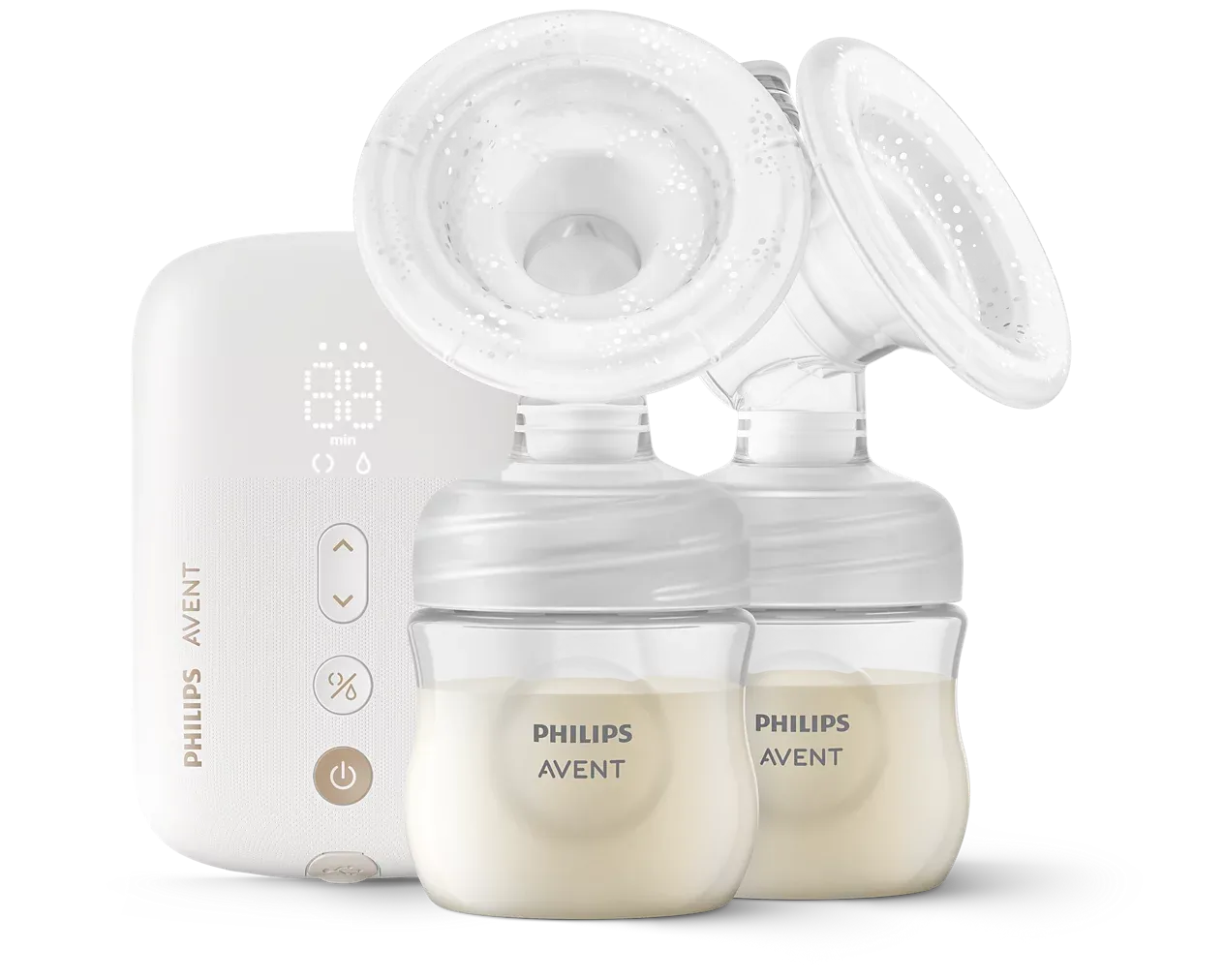 Tire-lait électrique double Philips Avent blanc avec deux biberons et téterelles