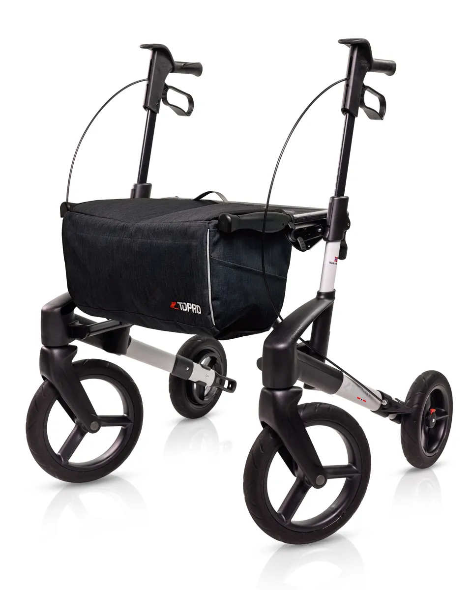 Rollator d’extérieur TOPRO Olympos ATR argenté, vue de trois quarts avec grandes roues tout-terrain