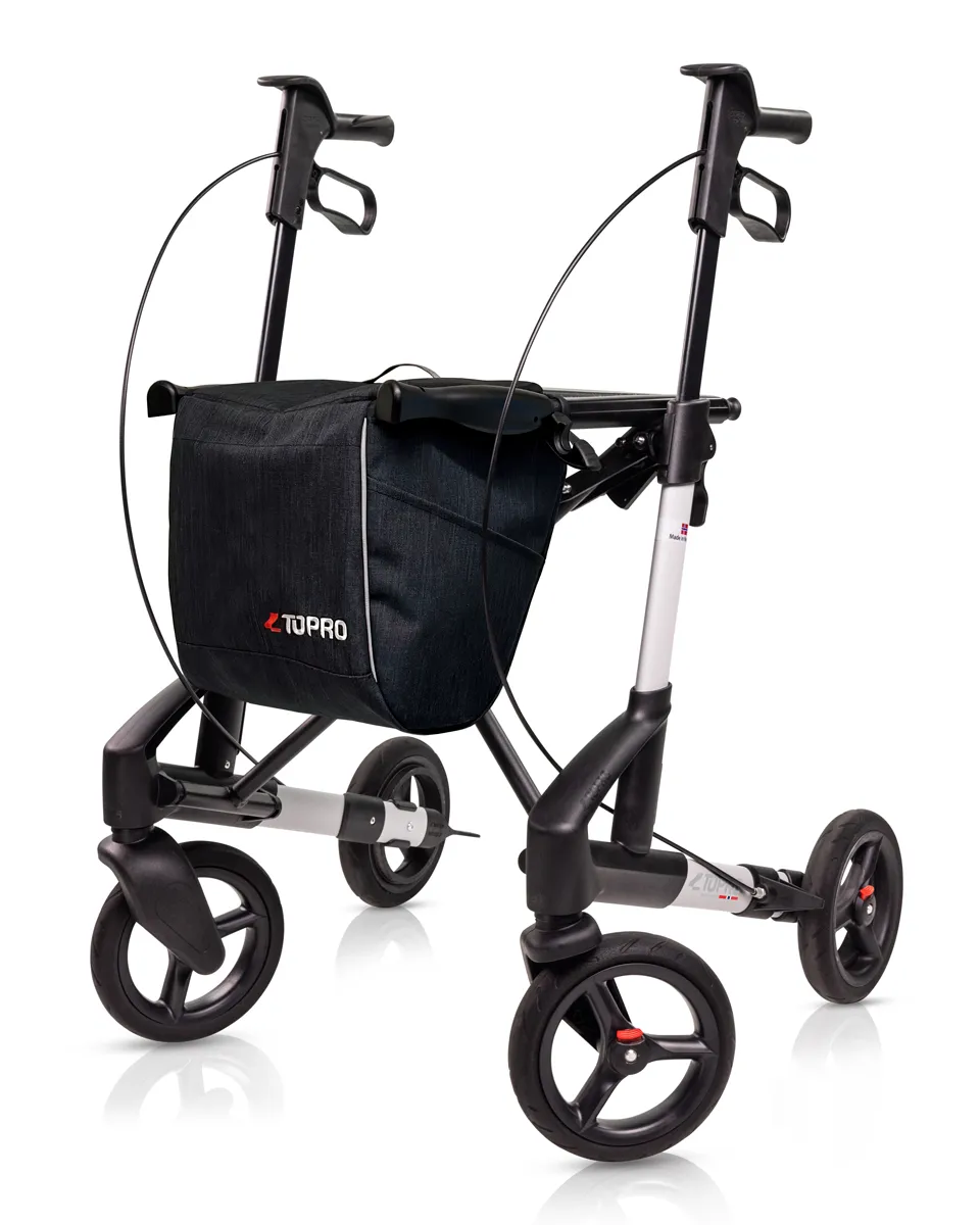 Rollator ergonomique TOPRO Troja 5G noir, vue de trois quarts avec sac à provisions