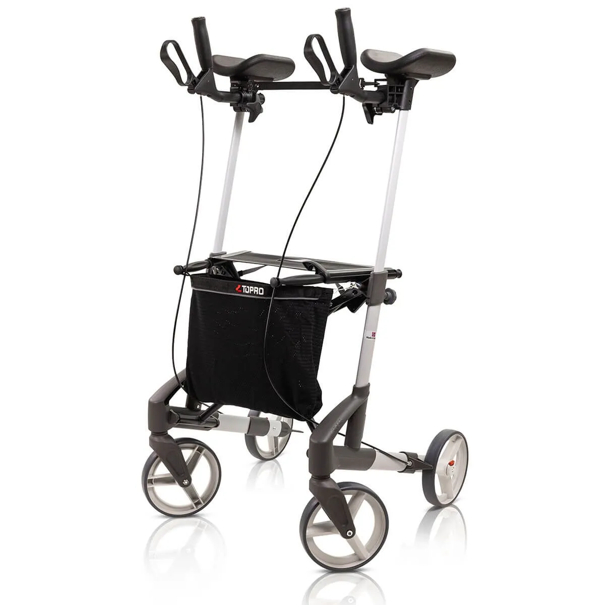 Cadre de marche TOPRO Troja Walker² argenté avec appuis antébrachiaux, vue de trois quarts