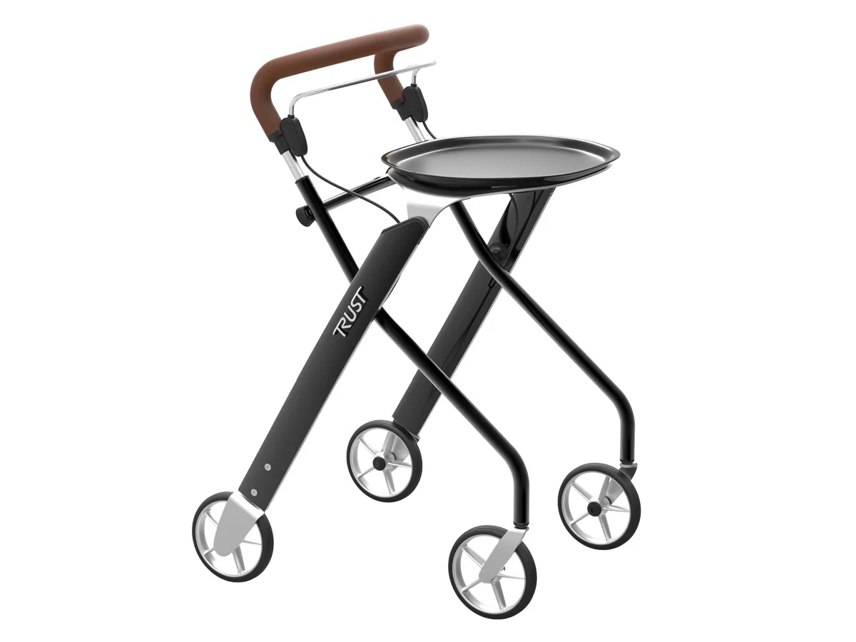 Rollator d’intérieur Trust Care Let’s Dream Black Swan avec plateau, vue de trois quarts