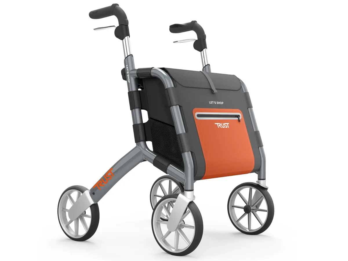 Rollator de courses Trust Care Let’s Shop gris graphite avec grand sac, vue de trois quarts