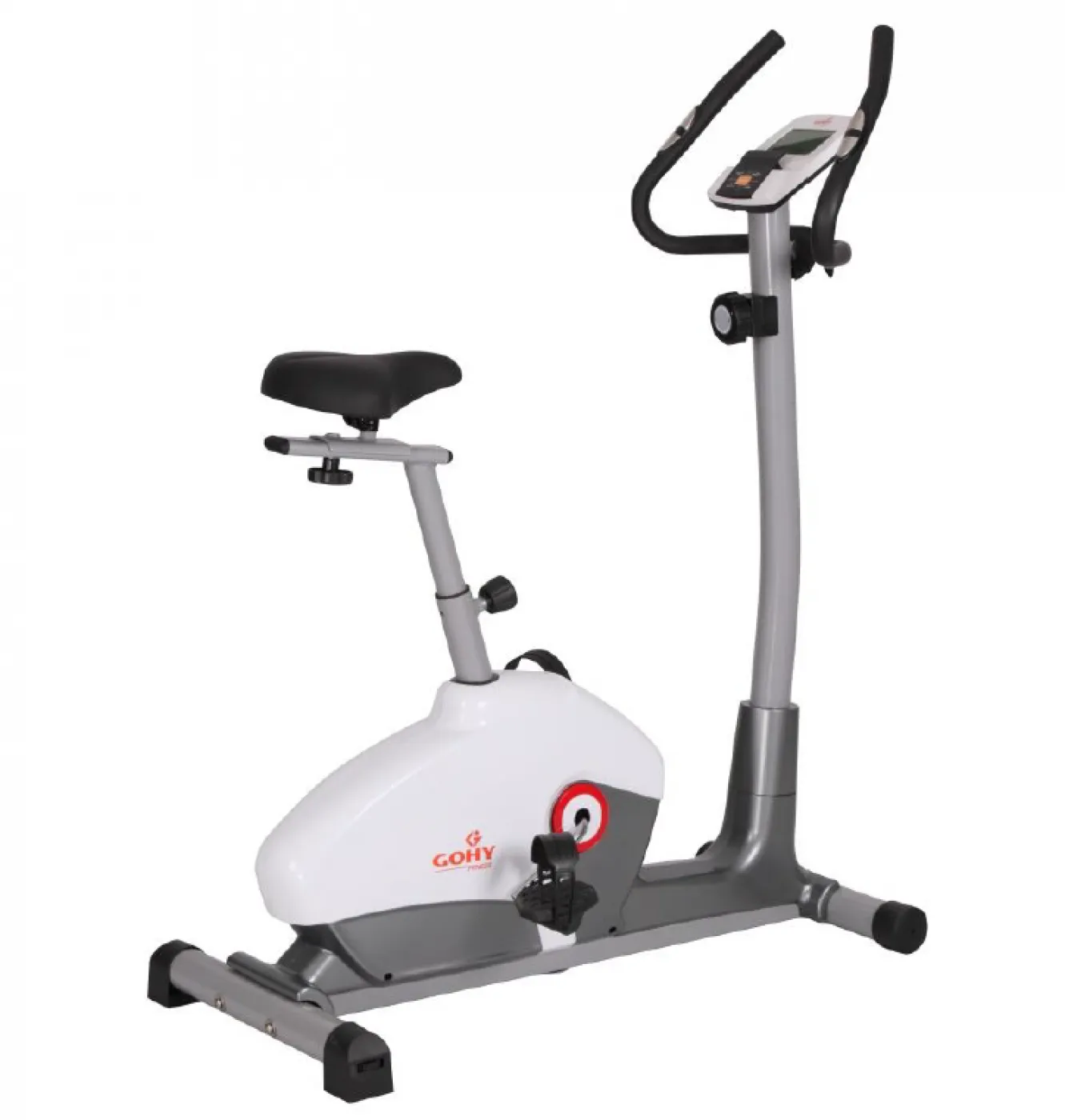 Vélo d’appartement digital Gohy blanc et gris avec guidon, console et selle