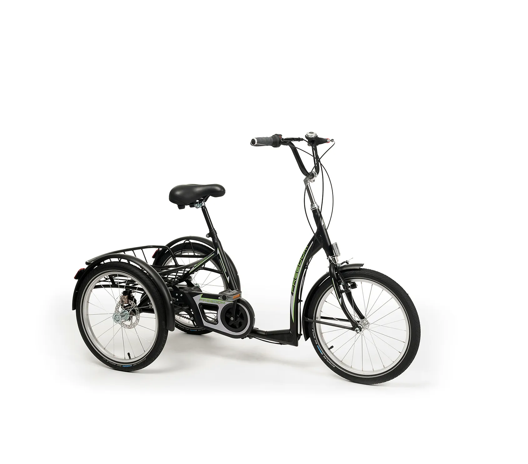Tricycle orthopédique junior Vermeiren Freedom 2217 noir et vert, vue de trois quarts