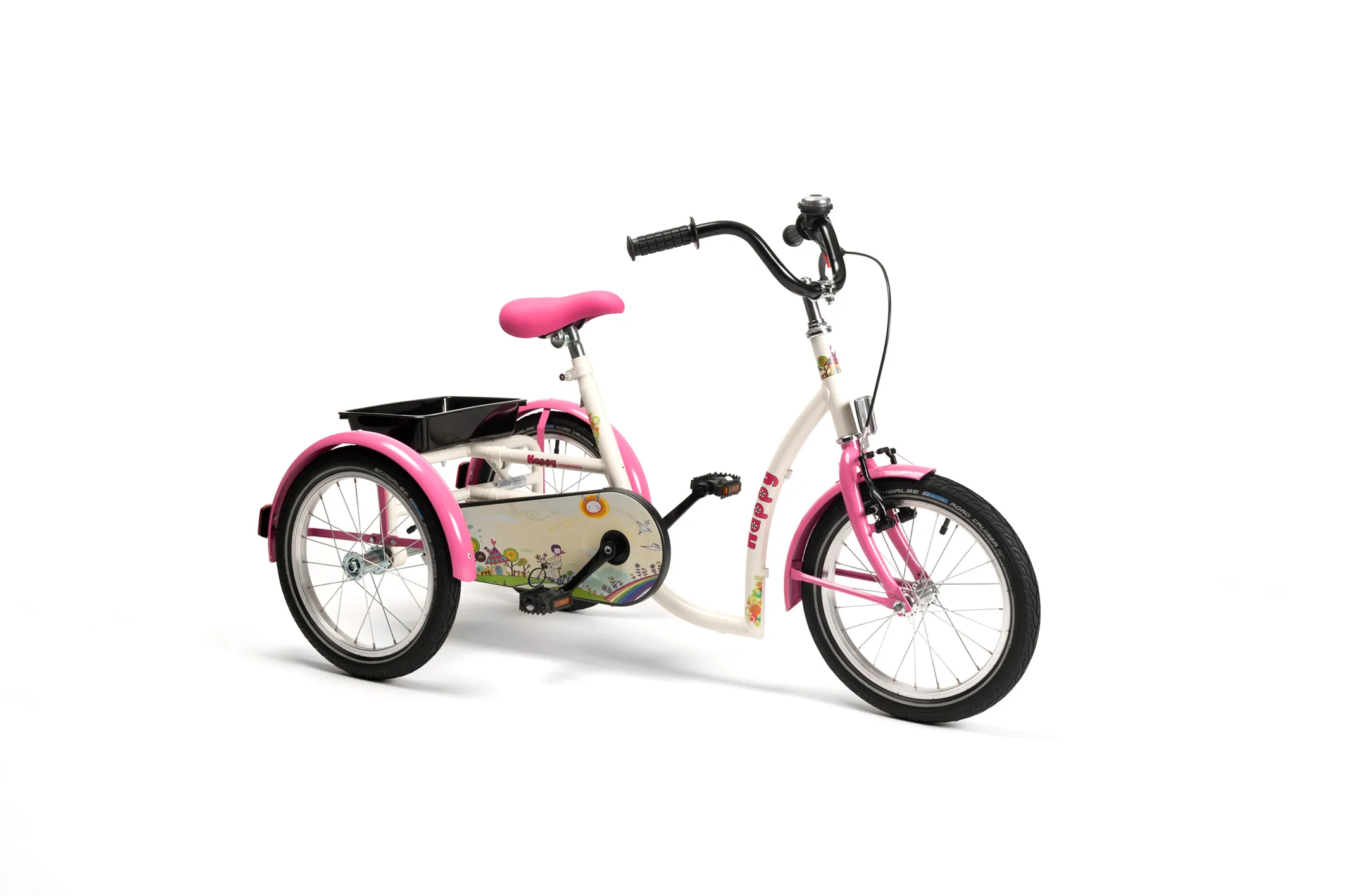 Tricycle orthopédique pour enfant Vermeiren Happy 2215 rose et blanc, vue de trois quarts