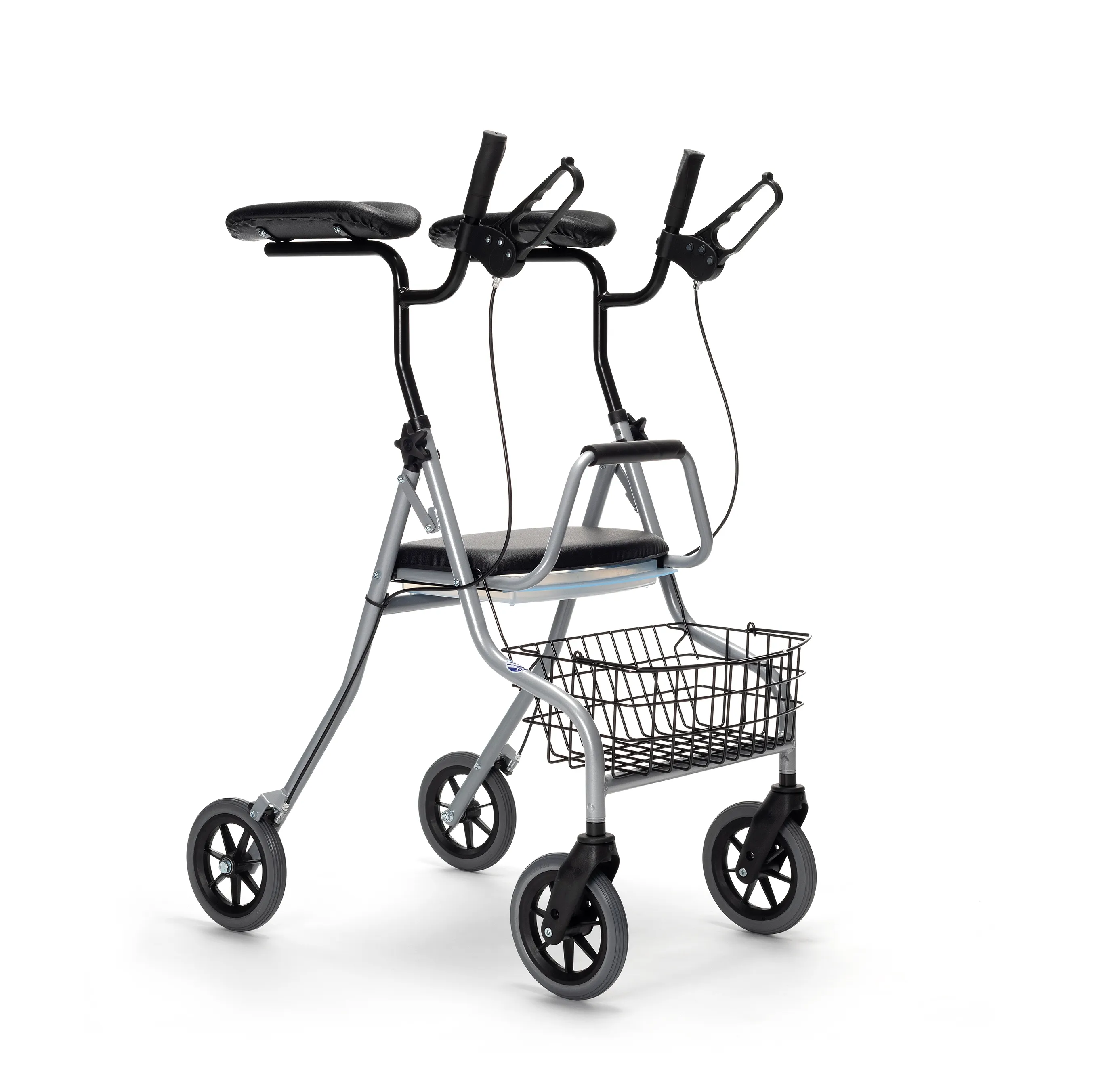 Rollator Vermeiren 276 avec appuis d’avant-bras, plateau et panier, vue de trois quarts