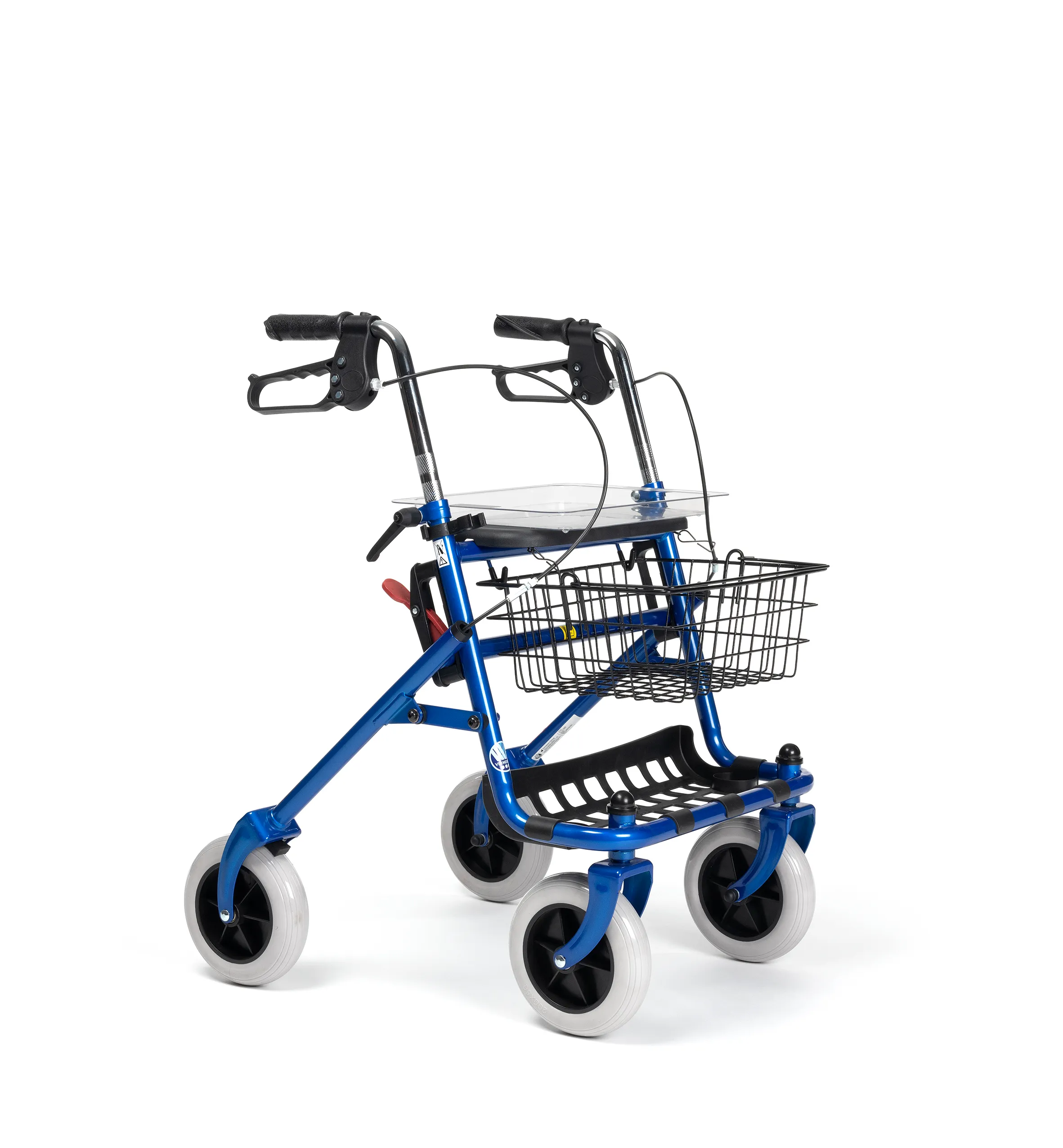 Rollator Vermeiren 286i bleu avec tablette et panier, vue de trois quarts