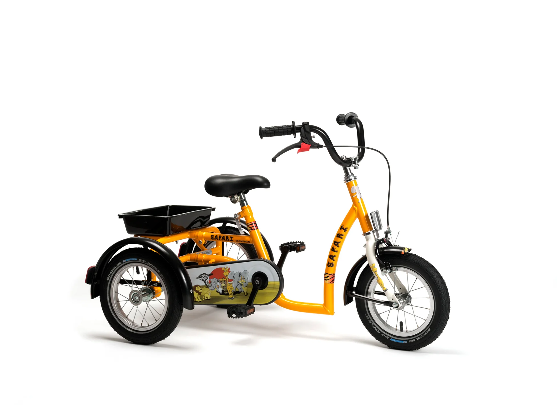 Tricycle orthopédique pour enfant Vermeiren Safari 2202 orange et noir, vue de profil
