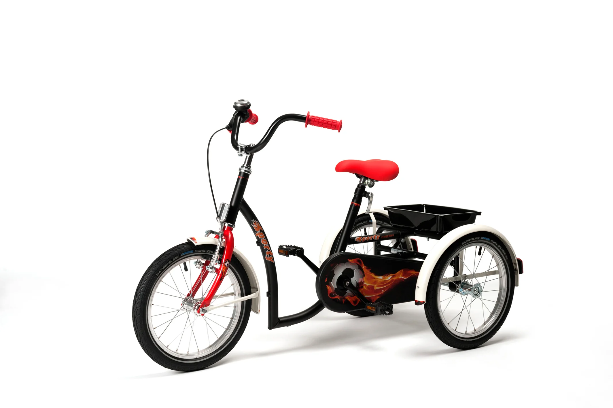 Tricycle orthopédique pour enfant Vermeiren Sporty 2215 noir et rouge, vue de trois quarts gauche